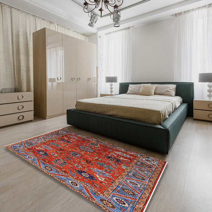 Mid-Century Modern Rose Purple Oriental Rug in a Bedroom, urb2346