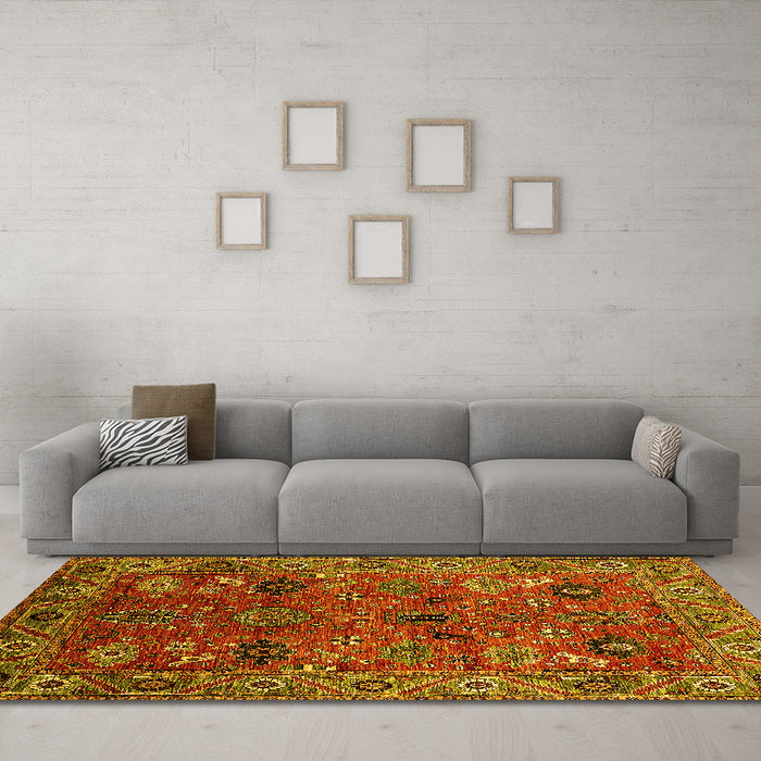 Machine Washable Oriental Yellow Traditional Rug in a Living Room, wshurb2346yw