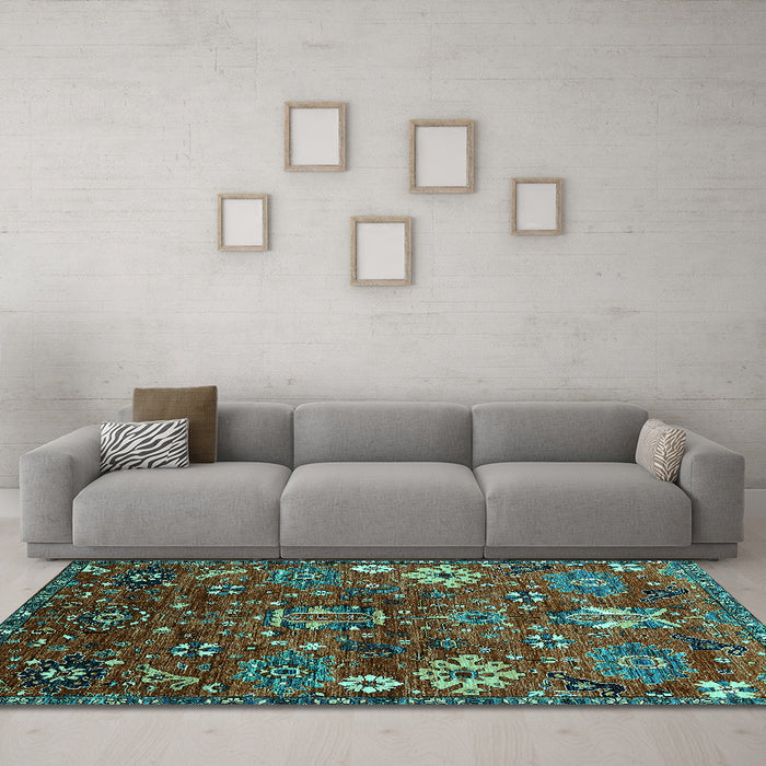Machine Washable Oriental Turquoise Industrial Area Rugs in a Living Room,, wshurb2347turq
