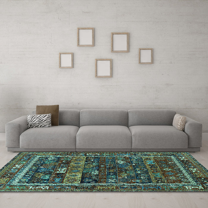 Machine Washable Oriental Turquoise Industrial Area Rugs in a Living Room,, wshurb2348turq