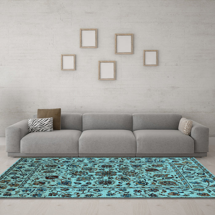 Machine Washable Oriental Light Blue Industrial Rug in a Living Room, wshurb2349lblu