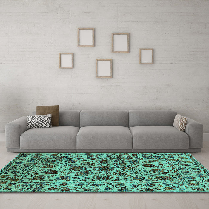 Machine Washable Oriental Turquoise Industrial Area Rugs in a Living Room,, wshurb2349turq