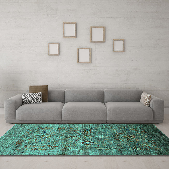 Machine Washable Oriental Turquoise Industrial Area Rugs in a Living Room,, wshurb2350turq
