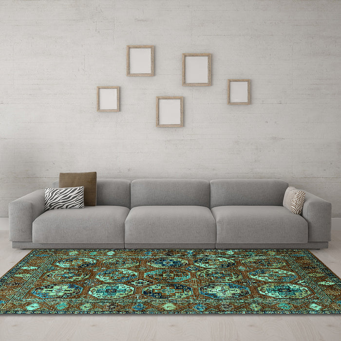 Machine Washable Oriental Turquoise Industrial Area Rugs in a Living Room,, wshurb2351turq