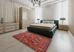 Mid-Century Modern Red Oriental Rug in a Bedroom, urb2352