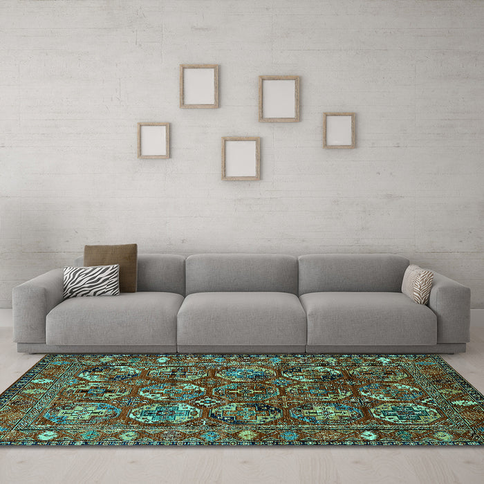 Machine Washable Oriental Turquoise Industrial Area Rugs in a Living Room,, wshurb2352turq