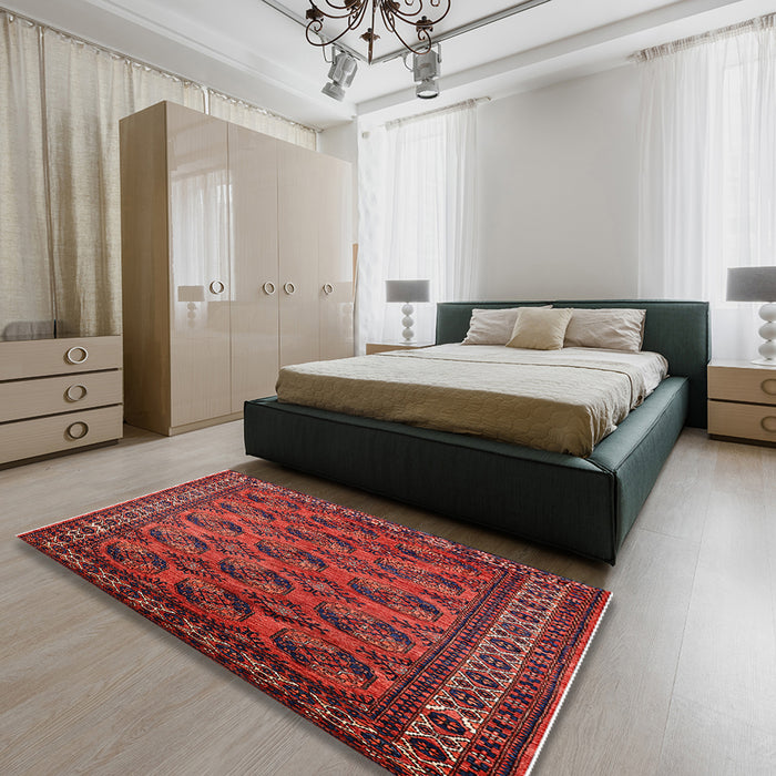 Mid-Century Modern Cranberry Red Oriental Rug in a Bedroom, urb2354