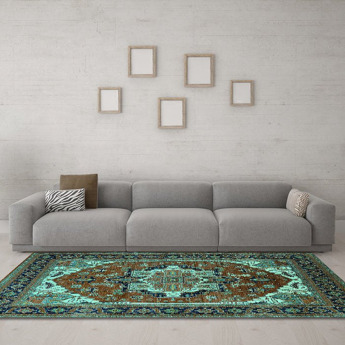 Machine Washable Persian Turquoise Traditional Area Rugs in a Living Room,, wshurb2355turq