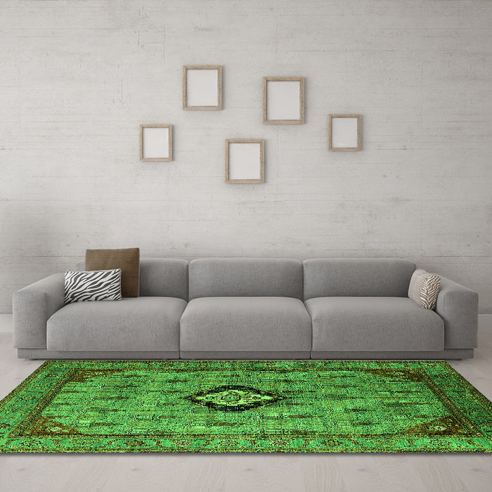 Machine Washable Oriental Green Industrial Area Rugs in a Living Room,, wshurb2356grn