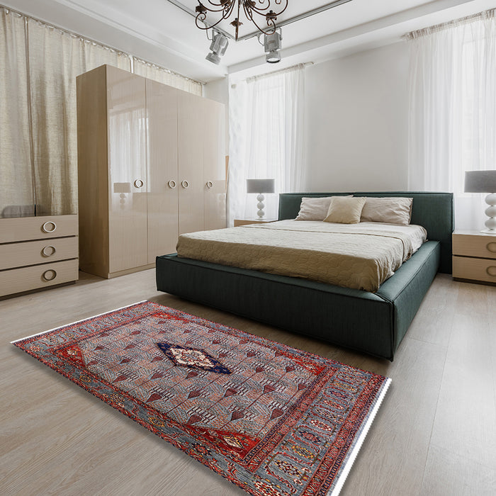 Mid-Century Modern Dark Gray Oriental Rug in a Bedroom, urb2356