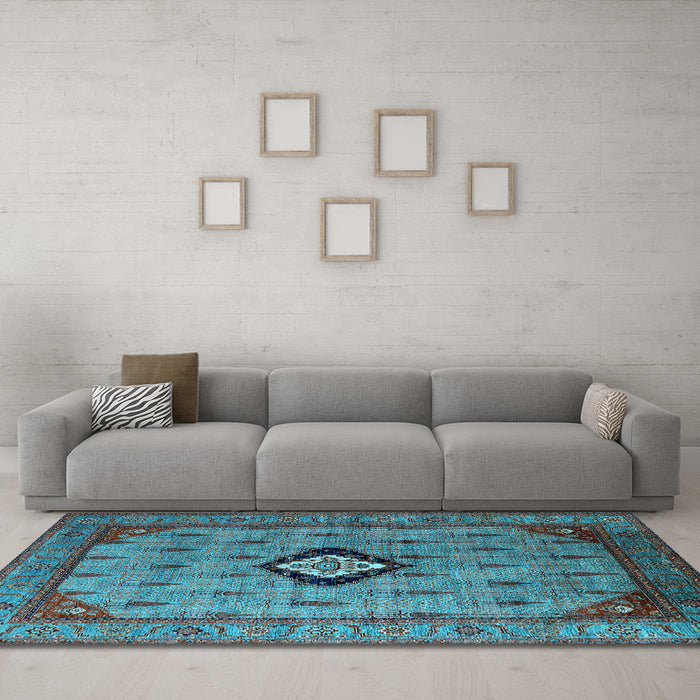 Machine Washable Oriental Light Blue Industrial Rug in a Living Room, wshurb2356lblu