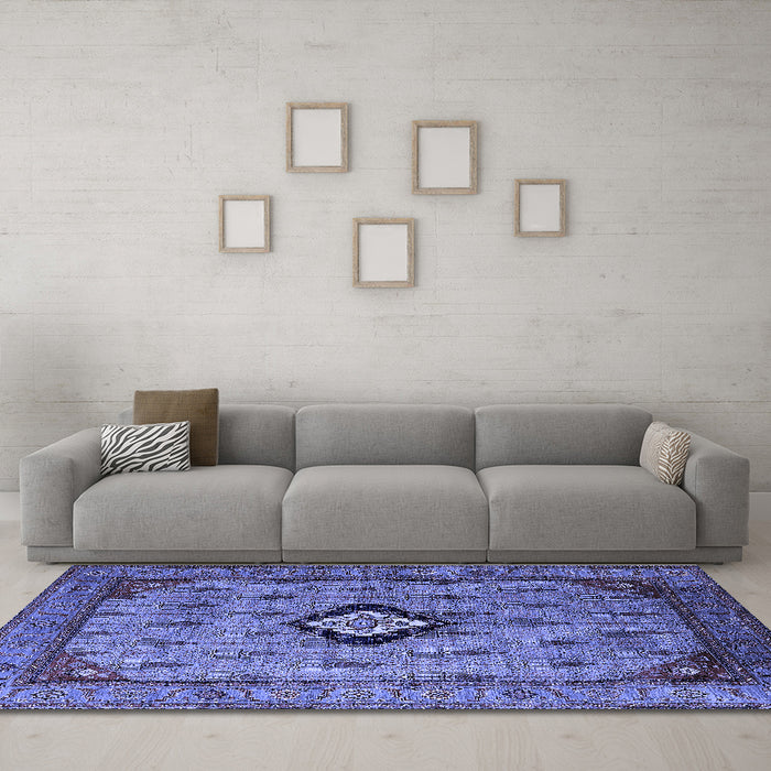 Machine Washable Oriental Blue Industrial Rug in a Living Room, wshurb2356blu