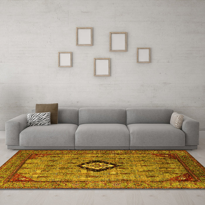 Machine Washable Oriental Yellow Industrial Rug in a Living Room, wshurb2356yw
