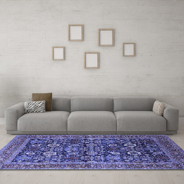 Machine Washable Oriental Blue Traditional Rug in a Living Room, wshurb2357blu