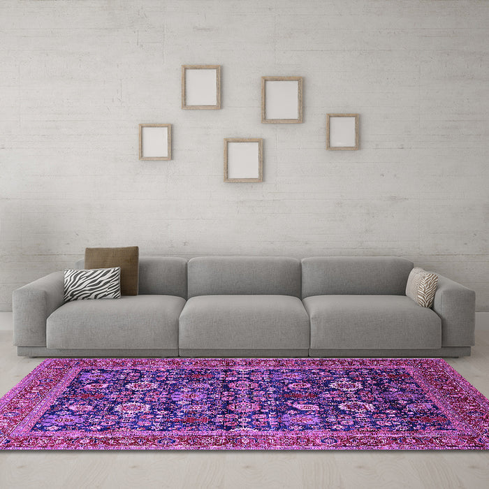 Machine Washable Oriental Purple Traditional Area Rugs in a Living Room, wshurb2357pur