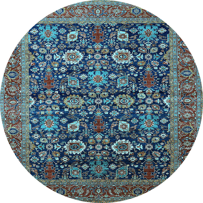 Round Machine Washable Oriental Light Blue Traditional Rug, wshurb2357lblu