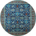 Round Machine Washable Oriental Light Blue Traditional Rug, wshurb2357lblu