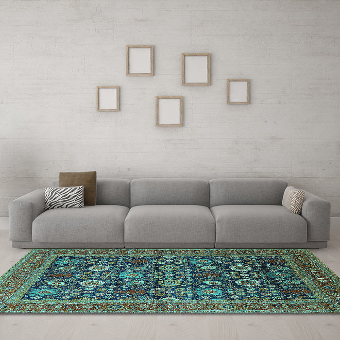Machine Washable Oriental Turquoise Traditional Area Rugs in a Living Room,, wshurb2357turq