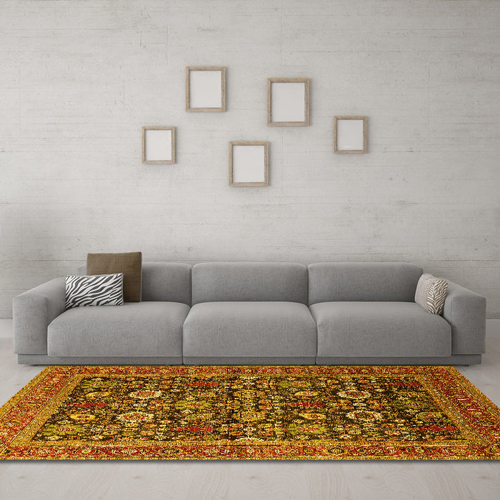 Machine Washable Oriental Yellow Traditional Rug in a Living Room, wshurb2357yw