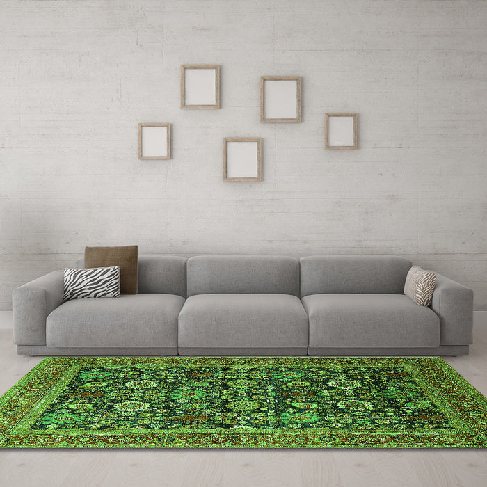 Machine Washable Oriental Green Traditional Area Rugs in a Living Room,, wshurb2357grn