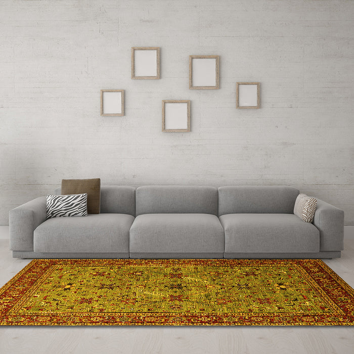 Machine Washable Oriental Yellow Traditional Rug in a Living Room, wshurb2358yw