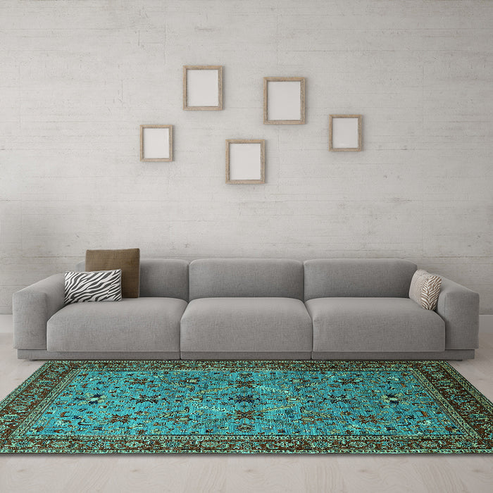 Machine Washable Oriental Turquoise Traditional Area Rugs in a Living Room,, wshurb2358turq