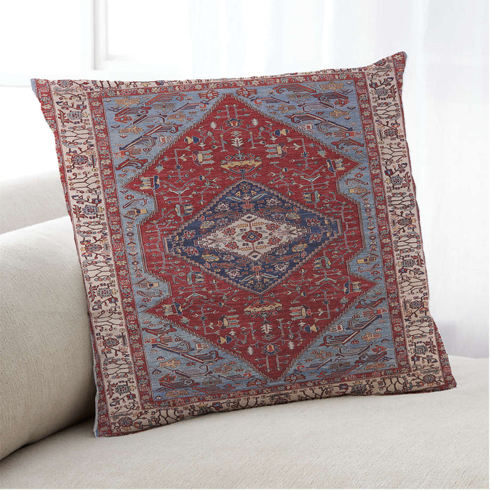 Lifestyle Image of Mid-Century Modern Urban Square Cranberry Red Throw Pillow, 18 inch by 18 inch, pwurb2359