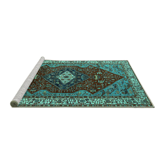 Sideview of Machine Washable Persian Turquoise Traditional Area Rugs, wshurb2359turq