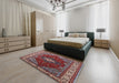 Mid-Century Modern Cranberry Red Persian Rug in a Bedroom, urb2359