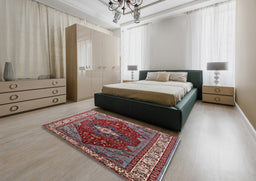 Mid-Century Modern Cranberry Red Persian Rug in a Bedroom, urb2359