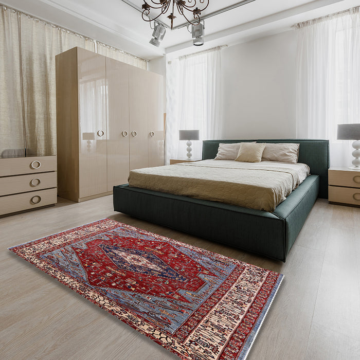 Mid-Century Modern Cranberry Red Persian Rug in a Bedroom, urb2359