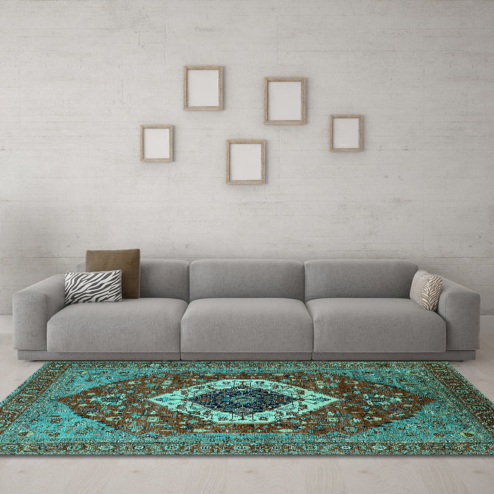 Machine Washable Persian Turquoise Traditional Area Rugs in a Living Room,, wshurb2360turq