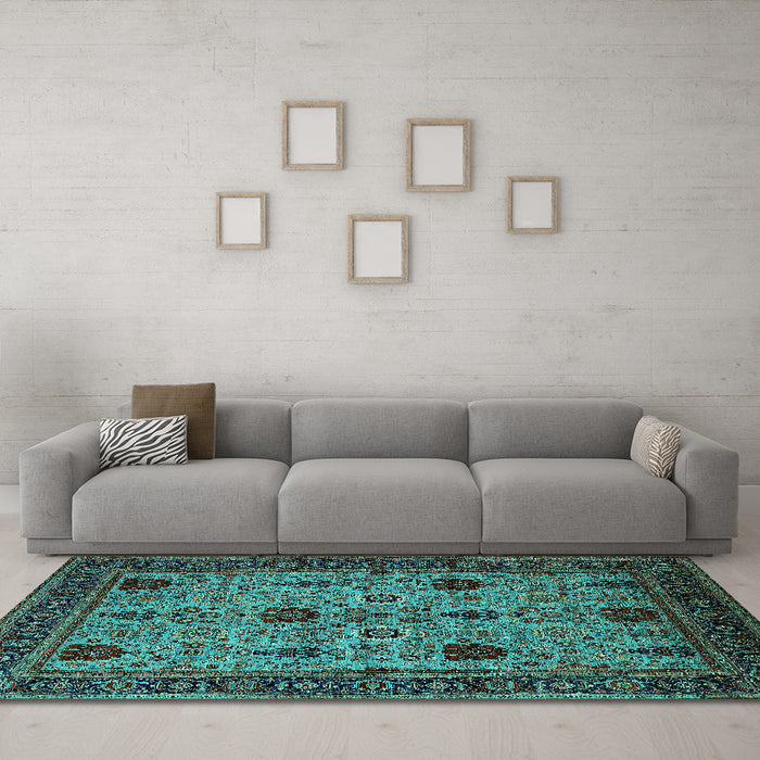 Machine Washable Oriental Turquoise Traditional Area Rugs in a Living Room,, wshurb2361turq