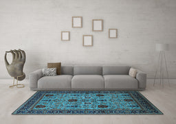 Machine Washable Oriental Light Blue Traditional Rug in a Living Room, wshurb2361lblu