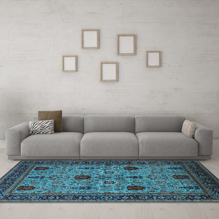 Machine Washable Oriental Light Blue Traditional Rug in a Living Room, wshurb2361lblu