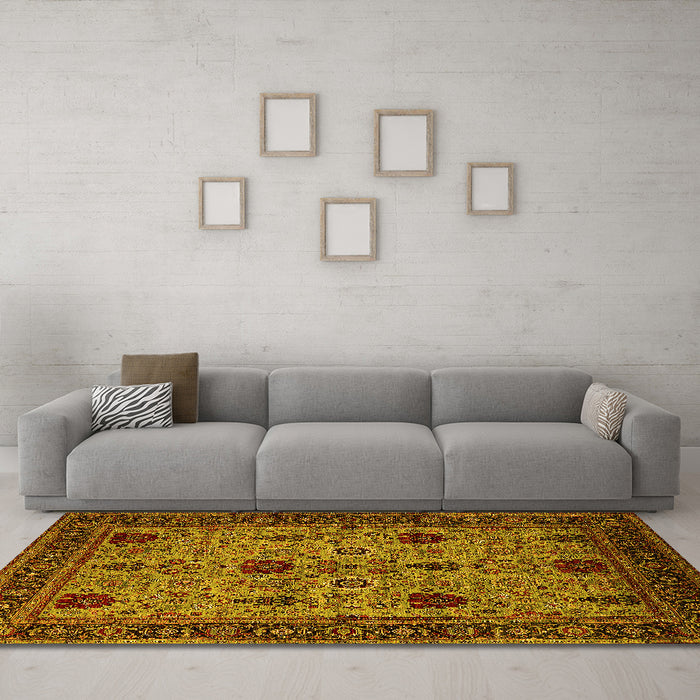 Machine Washable Oriental Yellow Traditional Rug in a Living Room, wshurb2361yw