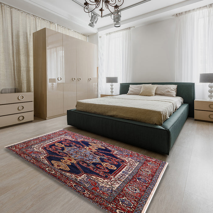 Mid-Century Modern Deep Red Oriental Rug in a Bedroom, urb2362