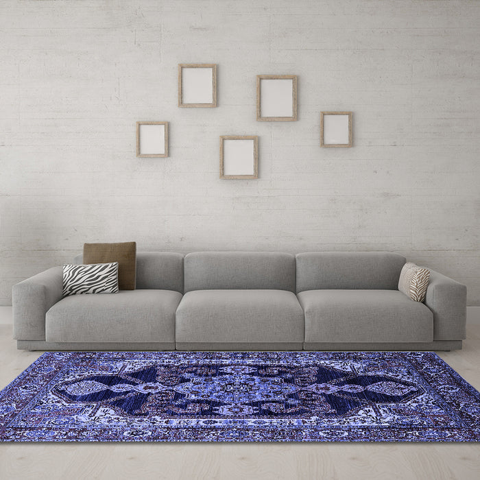Machine Washable Oriental Blue Industrial Rug in a Living Room, wshurb2362blu