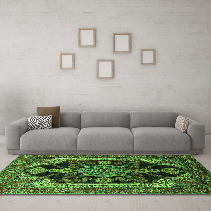 Machine Washable Oriental Green Industrial Area Rugs in a Living Room,, wshurb2362grn