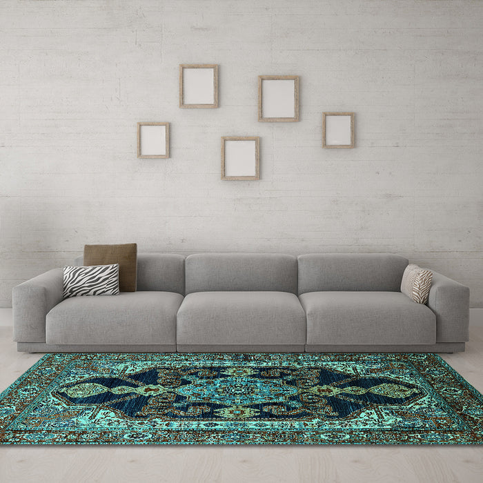 Machine Washable Oriental Turquoise Industrial Area Rugs in a Living Room,, wshurb2362turq