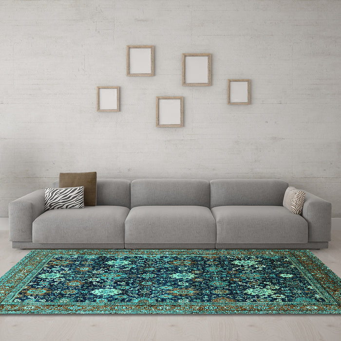 Machine Washable Oriental Turquoise Industrial Area Rugs in a Living Room,, wshurb2363turq