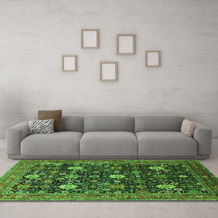 Machine Washable Oriental Green Industrial Area Rugs in a Living Room,, wshurb2363grn