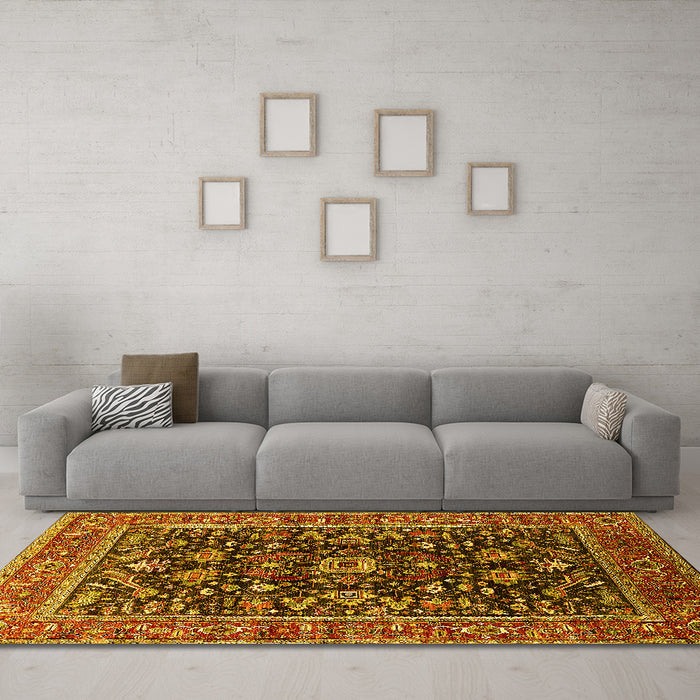 Machine Washable Oriental Yellow Industrial Rug in a Living Room, wshurb2364yw