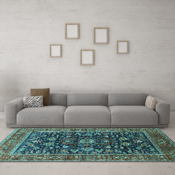 Machine Washable Oriental Turquoise Industrial Area Rugs in a Living Room,, wshurb2364turq