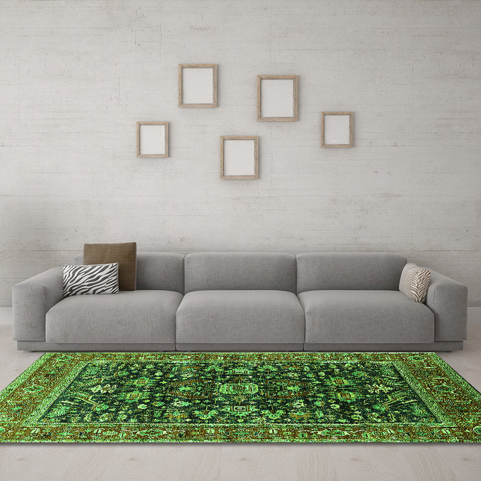 Machine Washable Oriental Green Industrial Area Rugs in a Living Room,, wshurb2364grn