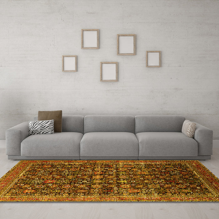 Machine Washable Oriental Yellow Traditional Rug in a Living Room, wshurb2365yw