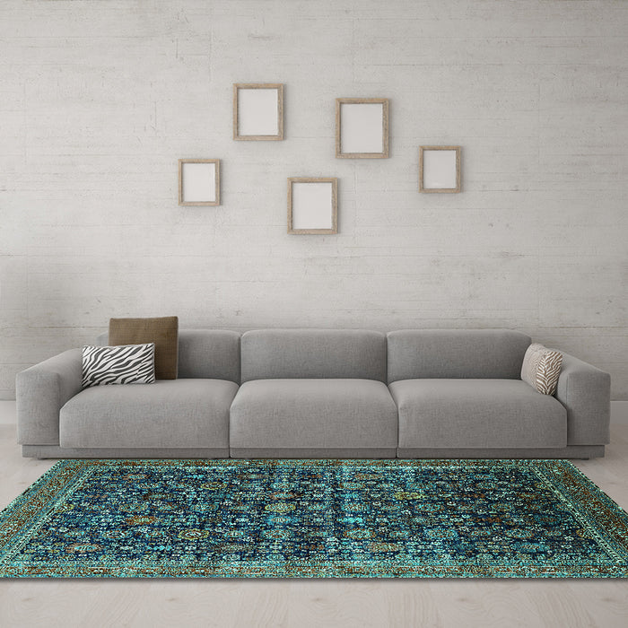 Machine Washable Oriental Turquoise Traditional Area Rugs in a Living Room,, wshurb2365turq