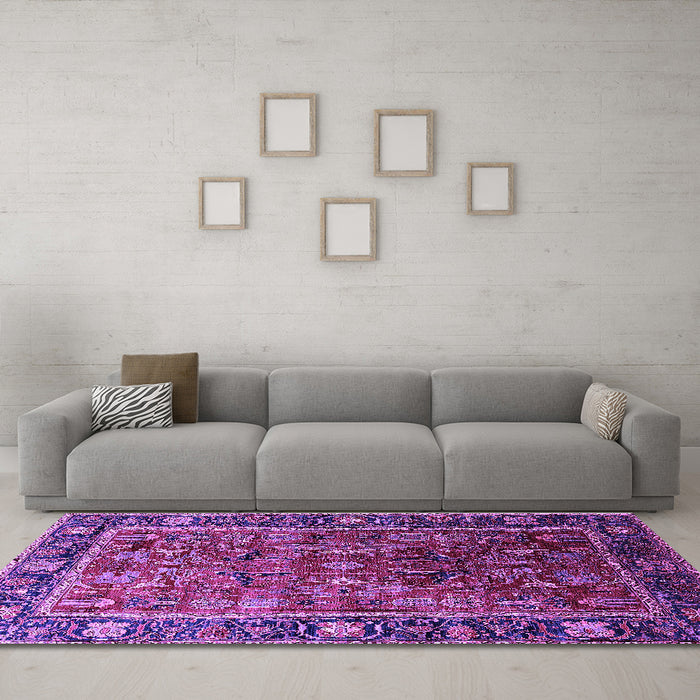 Machine Washable Oriental Purple Traditional Area Rugs in a Living Room, wshurb2366pur