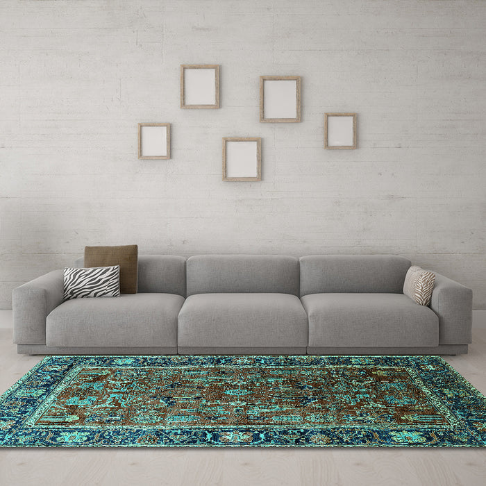 Machine Washable Oriental Turquoise Traditional Area Rugs in a Living Room,, wshurb2366turq
