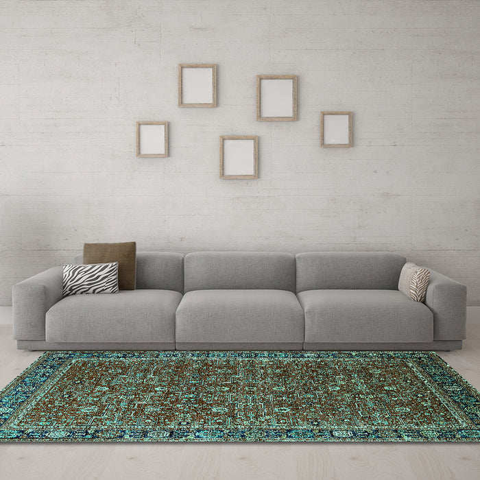 Machine Washable Oriental Turquoise Traditional Area Rugs in a Living Room,, wshurb2367turq